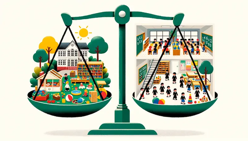 Illustration of a balance scale. On one side, there's a depiction of a Montessori environment with tactile learning materials, a child-sized kitchen, and students working at their own pace. On the opposite side, there's an image of a public school with students in uniforms, textbooks, and a strict timetable depicted.