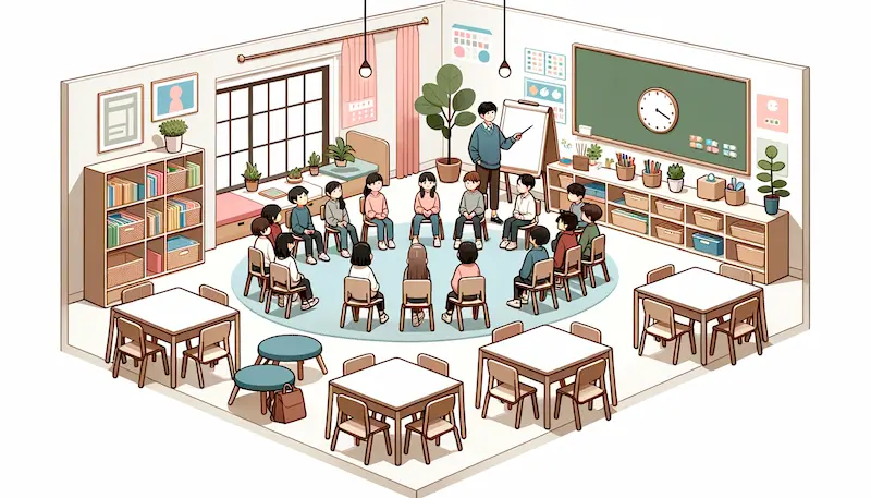 Illustration of a Montessori middle school classroom with students of various descent and gender seated in a semi-circle for a group discussion. The teacher facilitates the conversation while holding a pointer. The room has clusters of desks with Montessori materials, and a corner with plants and comfy seating.