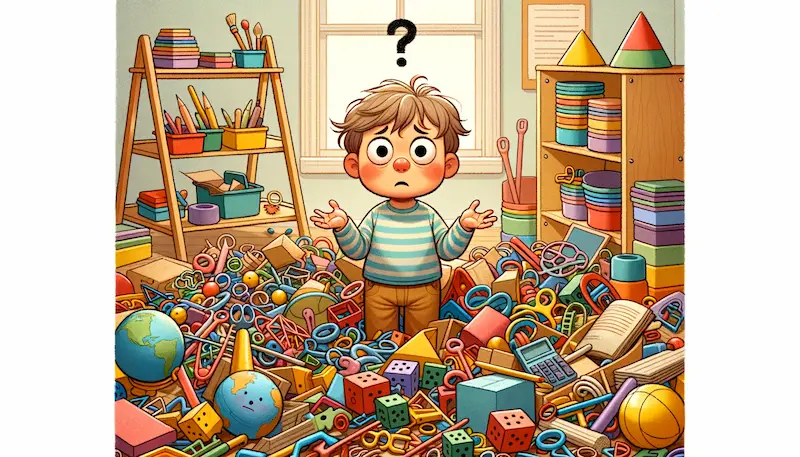 Illustration of a confused child in a Montessori classroom surrounded by too many materials, symbolizing potential overwhelming choices.