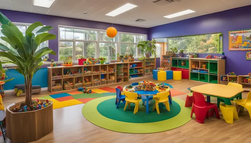 colorful classroom filled with furniture and toys