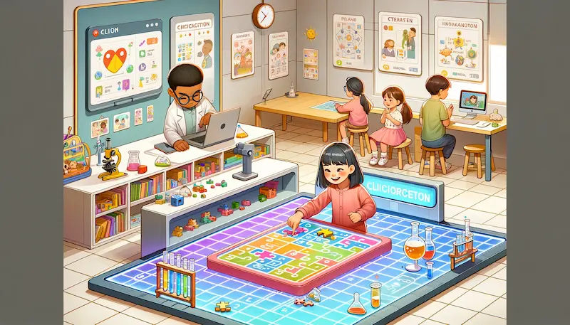 Illustration of a child-centered learning environment where an East Asian girl is solving a complex puzzle on a digital interactive floor, displaying a great sense of achievement. An African boy is nearby, conducting a science experiment with test tubes and a microscope, showing determination and engagement. The walls are decorated with educational posters, and the space is organized with clear zones for different activities, including a mini-theater stage where a South Asian girl is confidently practicing public speaking. The environment is colorful, spacious, and designed to stimulate creativity and self-exploration.