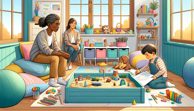 Illustration of a child-centered play therapy session in a bright, inviting playroom. A therapist of African descent is sitting at a distance, observing without interfering, while a Caucasian boy is deeply engaged in playing with a sandbox. The sandbox is full of various toys and figurines, allowing for creative expression. A Middle Eastern girl is nearby, drawing on a large sheet of paper spread on the floor, surrounded by a wide array of crayons and markers. The room is filled with soft pillows, art supplies, and shelves with child-friendly materials. The therapist maintains an attitude of curiosity and non-judgment, which is central to child-centered play therapy, providing a safe space for the children to explore and express their feelings through play.