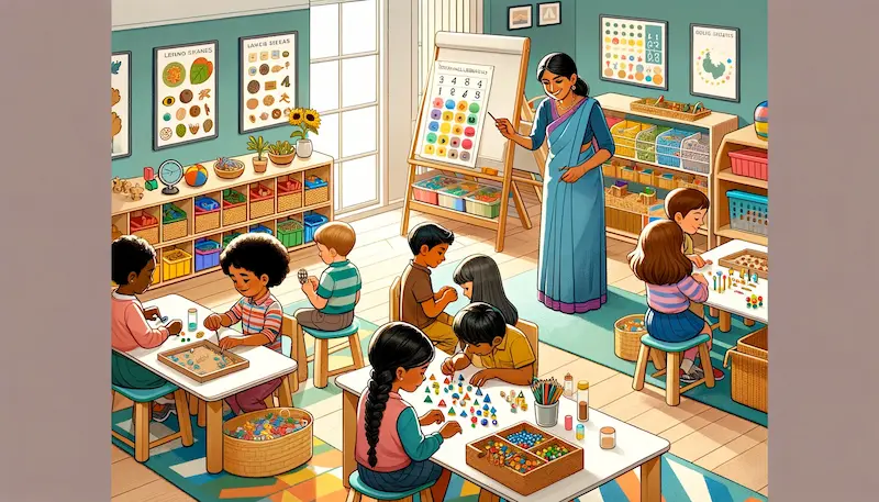 Illustration of a classroom environment inspired by Montessori principles. The scene shows children of various descents, including a Black boy and a Hispanic girl, engaged in self-directed learning activities. They are working at individual learning stations featuring hands-on educational materials such as sorting shapes, counting beads, and natural science kits. A teacher of South Asian descent oversees the classroom, providing gentle guidance when needed. The room is bright and organized with child-sized furniture, educational posters on the walls, and shelves neatly arranged with learning tools, all indicative of a Montessori-like school environment that encourages independence and exploration.