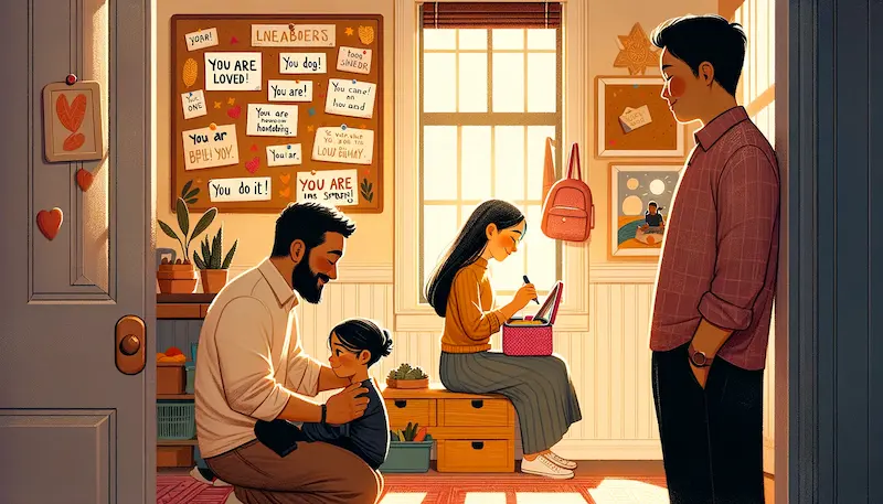 Illustration of a warm, sunlit home interior where positive parenting affirmations are being practiced. A father of Middle Eastern descent is seen placing a hand-written affirmation note in his Hispanic son's lunchbox, while an Asian mother is pinning a 'You are loved' affirmation on a corkboard in her Black daughter's room. The atmosphere is supportive and encouraging, with a whiteboard that lists affirmations such as 'You can do it!', 'You are kind', and 'You are smart'. The scene conveys a nurturing environment where the children are being raised with confidence and self-esteem, surrounded by loving and affirmative messages from their parents.