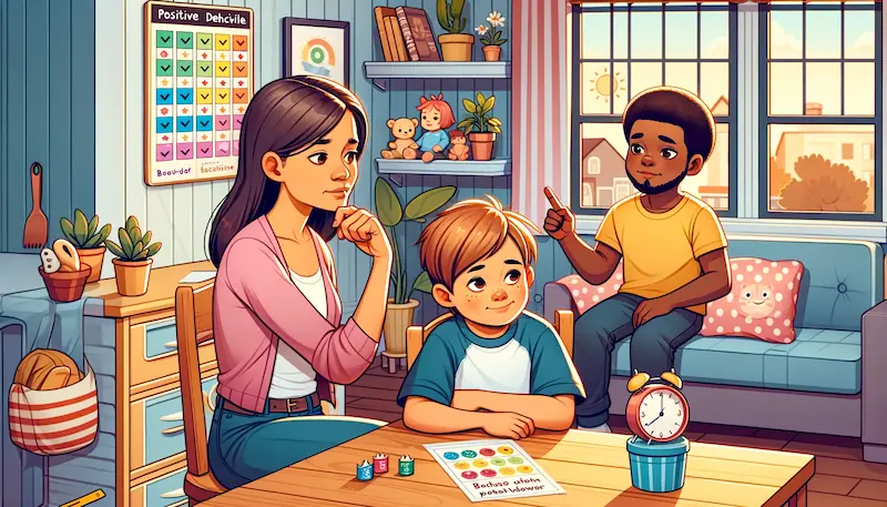 Illustration of positive parenting discipline in a home setting. The scene shows a South Asian mother calmly discussing behavior choices with her Caucasian son, who looks thoughtful and is nodding in understanding. They are sitting at a kitchen table where a behavior chart is visible, with stickers indicating positive actions. Nearby, an African father is seen giving a timeout to his East Asian daughter who is sitting quietly in a designated 'cool-down' corner, filled with pillows and a timer, illustrating a non-punitive consequence. The home is warm and inviting, with educational toys and books on shelves, emphasizing a nurturing and educational approach to discipline that fosters learning and emotional growth.