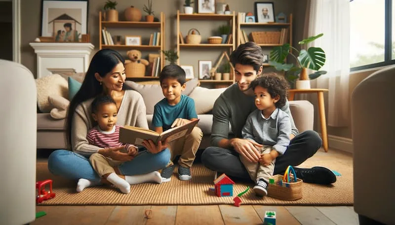 Photo of a family scene where positive parenting skills are being practiced. A mother of South Asian descent is reading a book to her children, a Hispanic boy and a Black girl, showing patience and engagement. The living room is cozy, with educational toys on the floor and a soft rug for comfortable sitting. Nearby, a father of East Asian descent is teaching a Middle Eastern boy how to play a musical instrument, demonstrating encouragement and attentiveness. The home environment is warm, with plants and family photos, promoting a nurturing and educational atmosphere where the children are supported and valued.