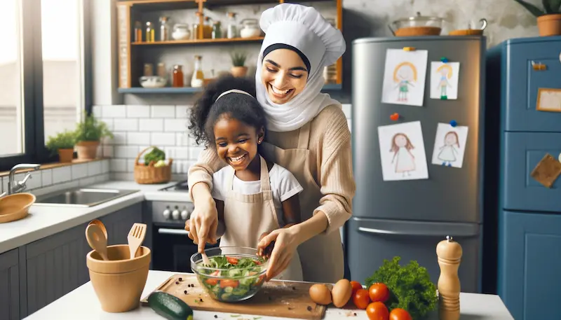 Photo of a joyful family moment, showing a parent of Middle Eastern descent cooking together with their child, a young Black girl. They are in a bright, modern kitchen with healthy ingredients spread out on the counter. The child is wearing a small apron and chef's hat, and is smiling widely as she stirs a salad bowl. The parent is guiding her gently, showcasing a moment of positive reinforcement and bonding. The kitchen has drawings made by the child displayed on the refrigerator, creating a personal and loving atmosphere.
