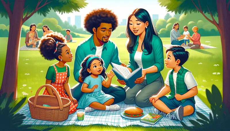 Illustration of an outdoor family activity showing positive parenting in action. A mother of African descent and a father of East Asian descent are having a picnic with their three children, who are of diverse ethnicities, in a lush green park. The parents are attentively listening to a story told by their daughter, signifying respect and interest in the child's thoughts. The other children, a South Asian girl and a Hispanic boy, are playing a game of frisbee, learning fair play and inclusiveness. The scene is lively, with other families in the background also enjoying the sunny day, reinforcing community and social development as part of positive parenting.