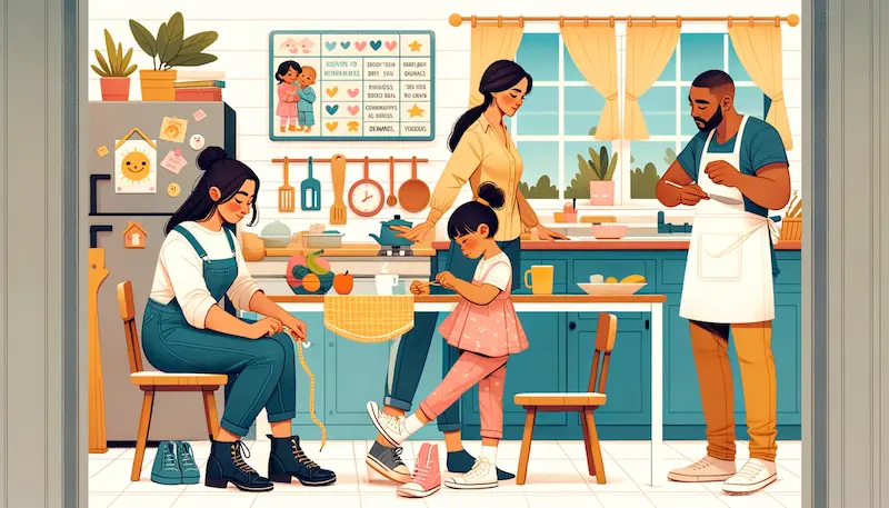 Illustration of a family using positive parenting techniques in their daily routine. The image shows a Hispanic mother patiently teaching her daughter, an East Asian girl, how to tie her shoes, demonstrating clear communication and encouragement. The father, a Black man, is in the kitchen preparing a healthy breakfast while listening attentively to his son, a Caucasian boy, talk about his dreams from the previous night, showing empathy and interest in his child's experiences. The setting is a bright and cheerful home environment, with a colorful decor that includes a chore chart with positive affirmations, and a cozy dining area where the family shares meals and conversations, all reflecting a nurturing and positive upbringing.