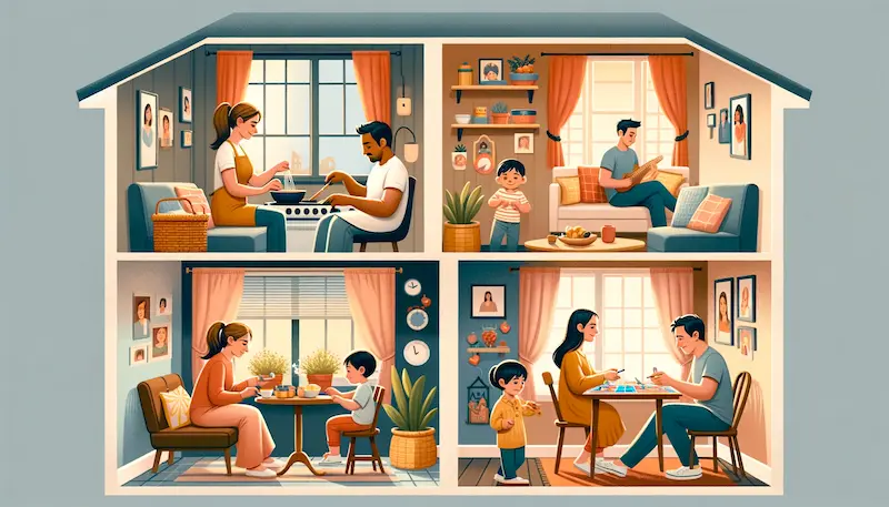 Illustration of a positive parenting moment during a divorce situation, in a neutral and comfortable home setting. The scene shows two separate homes where each parent is maintaining a nurturing environment. On one side, a Caucasian mother is cooking with her Black son, demonstrating teamwork and stability. On the other side, through the window, the Hispanic father can be seen playing a board game with his Asian daughter, illustrating quality time and emotional support. The homes are decorated with warm colors, cozy furnishings, and family photos that include both parents, symbolizing a unified approach to parenting despite the separation.