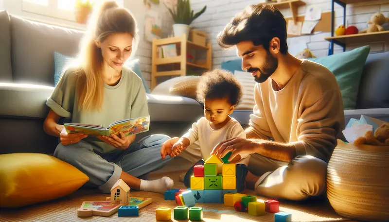 Photo of a gentle parenting moment in a sunlit living room. A mother of European descent is engaging in a fun, educational activity with her toddler, a Black child, using colorful building blocks to teach shapes and colors, symbolizing hands-on learning and patience. The father, a Middle Eastern man, is reading a picture book to his daughter, a South Asian toddler, illustrating the importance of spending quality time and fostering a love for reading. The room is filled with child-friendly furniture and a variety of toys that promote learning and creativity, demonstrating an environment conducive to the development and happiness of toddlers.