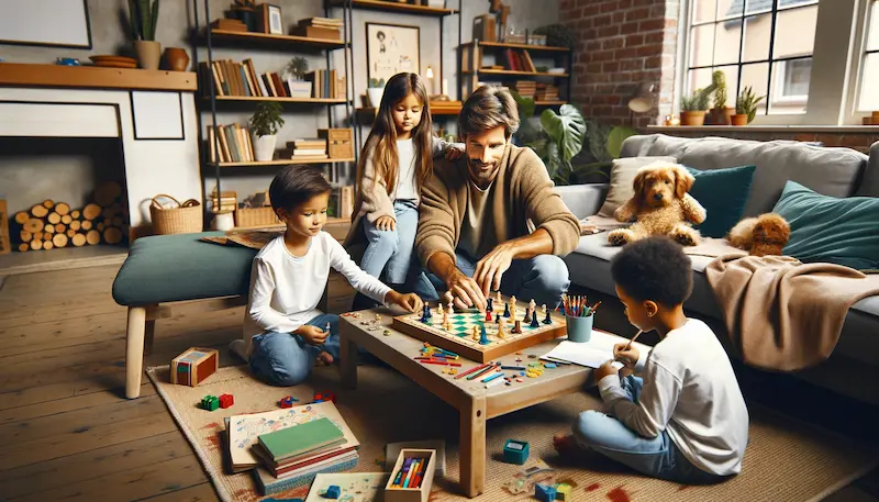 Photo of a family in a living room that radiates warmth and positivity. A father of European descent is seen playing a board game with his children, a girl of mixed Asian-European descent and a boy of European descent, encouraging teamwork and patience. The room is cozy, filled with books, comfortable seating, and educational toys. In one corner, a mother of South Asian descent is helping another child, a Black boy, with homework, displaying a calm and nurturing demeanor. There's a sense of organized chaos with art supplies on a table and a dog lying on the rug, suggesting a home where children are free to express themselves and explore.
