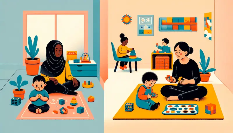Illustration of two distinct approaches to child education and development, side by side, without any text labels. On the left, a RIE parenting environment is depicted with a caregiver of Black descent sitting passively, watching a Middle-Eastern toddler independently exploring various textures and objects, showcasing the RIE emphasis on uninterrupted play and respect for the child’s autonomy. On the right, a Montessori classroom setting is illustrated, with a teacher of East Asian descent engaging a Hispanic child in a sorting activity using Montessori tools like color-coded blocks and shapes, highlighting the Montessori method's focus on self-directed learning and sensory exploration.