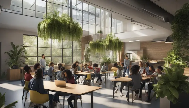 students sitting at tables in a well lit classroom