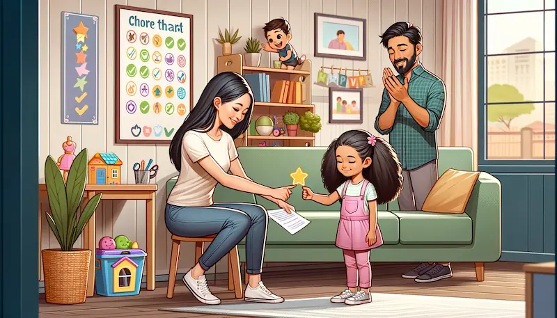 Illustration of an authoritative parenting style in a modern home environment. The scene depicts a mother of East Asian descent rewarding her Hispanic daughter with a star sticker for successfully completing her chores, symbolizing positive reinforcement for following rules. In the background, a Middle Eastern father is seen giving a high-five to his Black son who has just finished his homework, representing approval and encouragement. The room is filled with a chore chart on the wall, educational toys, and a cozy reading corner, all of which contribute to a structured yet warm family setting that promotes discipline through positive feedback and rewards.